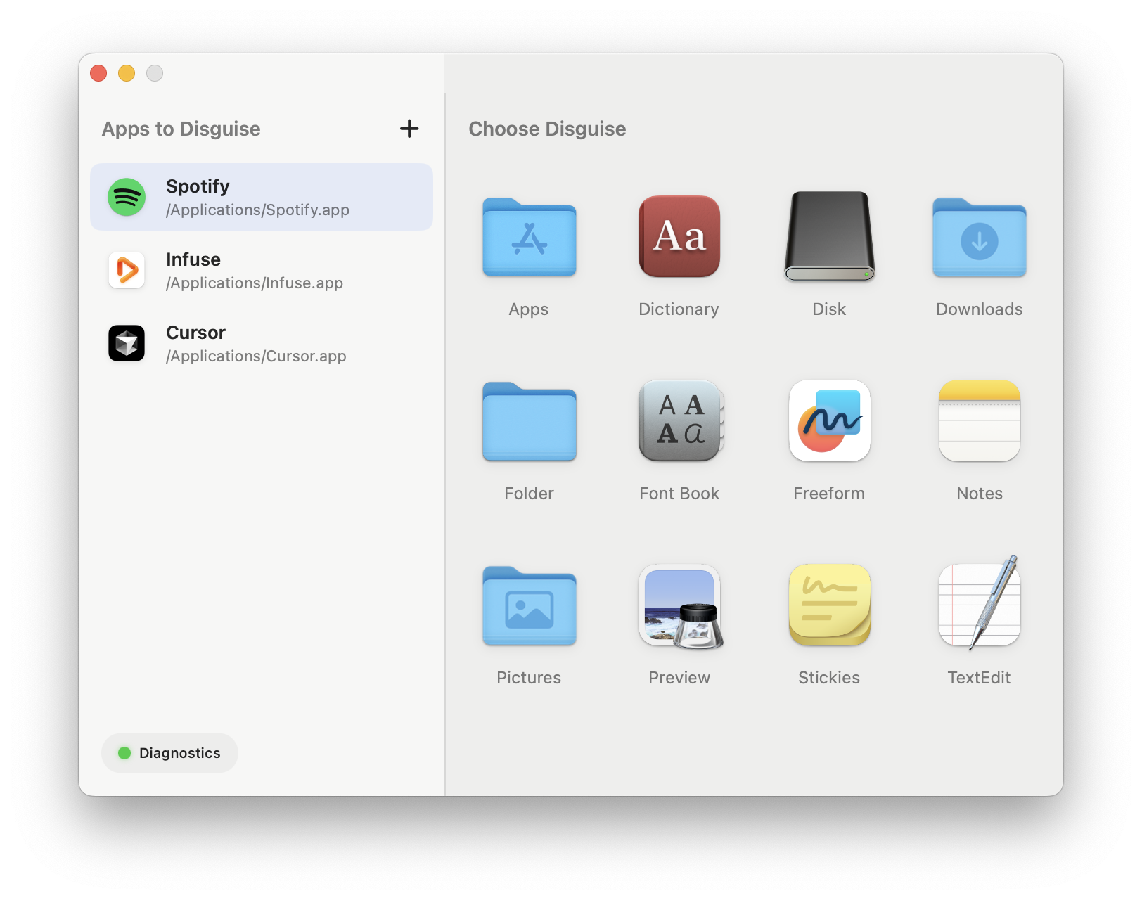 A screenshot of the Disguise My App interface, showing how a user selects an app like Spotify and chooses a disguise icon like Folder or Notes.